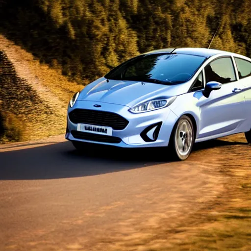 Image similar to ford fiesta mk 6 zetec on a mountain road, award winning photograph, golden hour