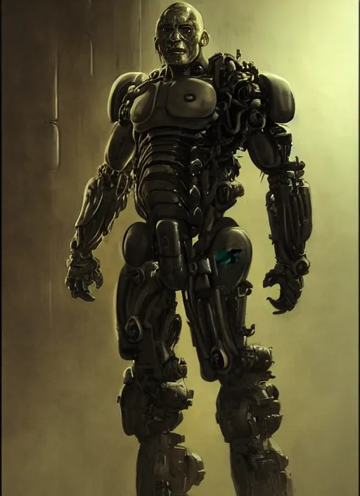 Image similar to cary - hiroyuki tagawa as victor stone, full body concept, cyborg, borg, strogg, face of a man, terminator, flesh, quake strogg, doom demon, wolfenstein, monstrous, powerful, symmetry, symmetrical, concept art by ruan jia and greg rutkowski