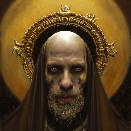 Prompt: a painting of a portrait of the high pontifex of pain with a halo on his head, golden halo, a detailed painting by santiago caruso, official art by greg rutkowski, a character portrait by seb mckinnon,, gothic art, apocalypse art, antichrist, grotesque, elder, skin, gouache, sinew, artstation