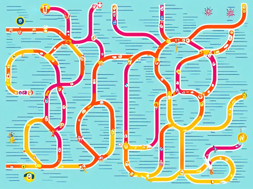 Prompt: a city metro map. the overall layout is akin to an octopus. illustration, infographic, stylised, clean, bold simple colours with legible and dyslexic friendly fonts.