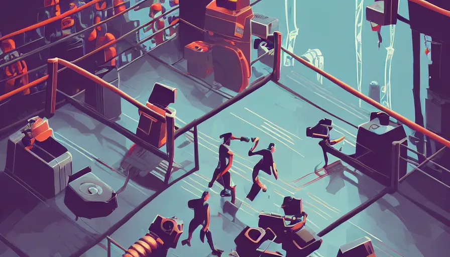 Image similar to a beautiful highly detailed vector illustration close up of a boxing match with robots in a factory, punk styling by atay ghailan, cliff chiang, loish and goro fujita, silver, silver, brown, black, blue and cyan tones, featured on artstation, featured on behance, grunge aesthetic