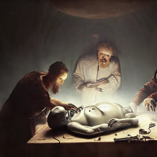 Prompt: several men perform an alien autopsy, by rembrandt, by tom bagshaw, cinematic lighting