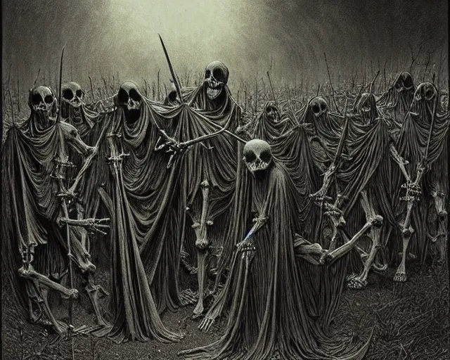 Image similar to satanic skeleton gang emerge from the cemetery on a dark night by zdzisław beksinski and gustave dore and alphonse mucha