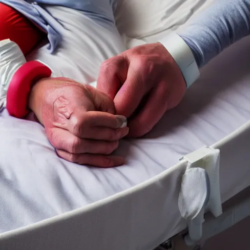 Image similar to confused laughing clown lying in hospital bed with wrist restraints on, restraints have fabric straps attached to hospital bed, photograph, 8 k