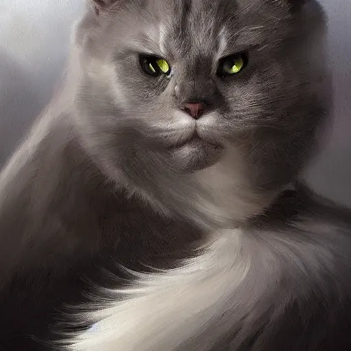 Image similar to a big dark angry powerful menacing grey cat with white belly, white paws and white face markings with long fur and fluffy tail sitting, intricate, elegant, highly detailed, digital painting, artstation, concept art, matte, sharp focus, illustration, art by Artgerm and Greg Rutkowski and Alphonse Mucha