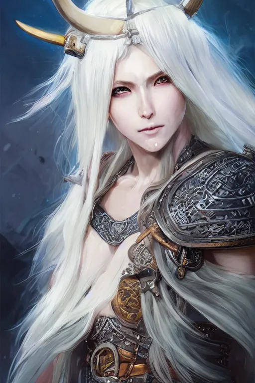 Image similar to A realistic anime portrait of a beautiful white haired female barbarian wearing an intricate viking armor, digital painting, by Stanley Artgerm Lau, Sakimichan, WLOP and Rossdraws, digital painting, painterly, Pixiv, Deviantart, golden ratio, rule of thirds, good composition, HD, 8k, award winning, promo art, splash art, rpg, jrpg, dungeons and dragons, DND, trending on ArtStation