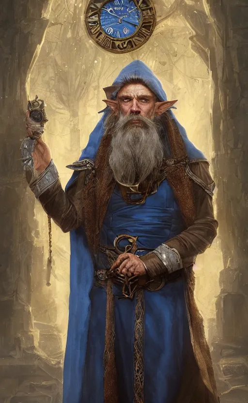 Prompt: portrait of a middle aged elf with a long beard, dressed in a blue cloak with clock iconography, brown hair, raised hand, detailed face, fantasy, highly detailed, cinematic lighting, digital art painting by greg rutkowski