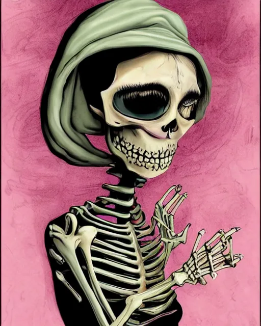Image similar to a surrealistic head and shoulder painting of a gorgeous female skeleton with cat eyeballs and lipstick and hoodie, in the style of will eisner, digital art, detailed masterpiece