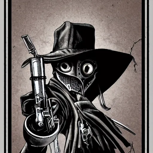 Image similar to a portrait of a plague doctor gunslinger, dark fantasy, horror, western, hell, ultrafine detailed digital pencil art by takeshi obata and mike mignola and irving penn, death note style, colored, symmetric body, cgsociety, sharp focus, detailed face, looking at the camera and pointing with a big gun