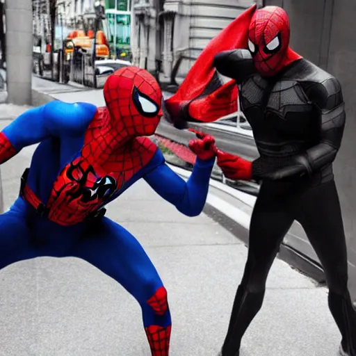 Image similar to Spiderman and Batman fighting.