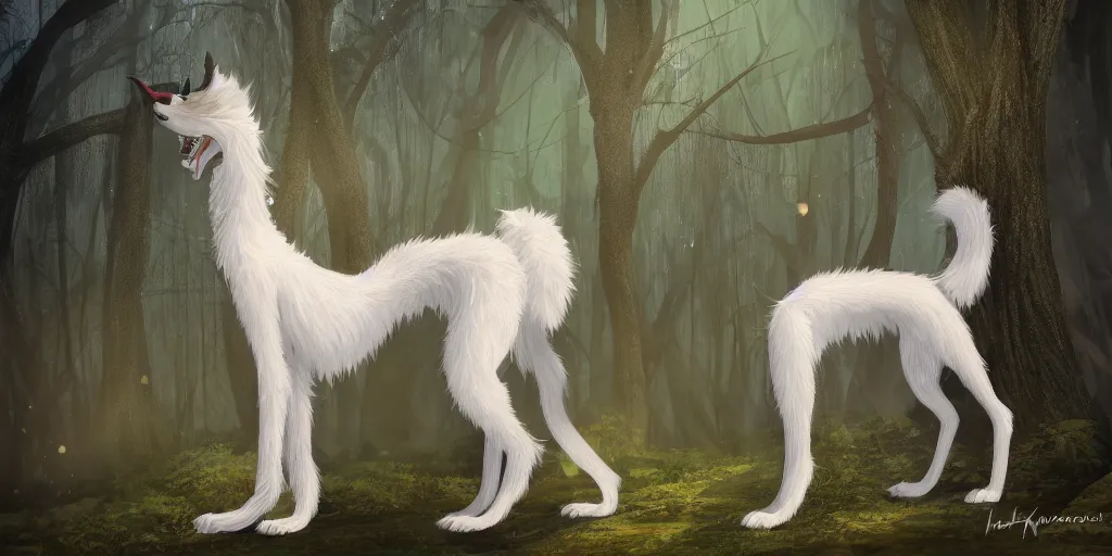 Prompt: a medevial anthropomorphic borzoi with a fluffy tail in the forest, trending on furaffinity, trending on artstation, furry art, digital art, by kawacy, anime art, warm light, bokeh, backlighting, assassins creed