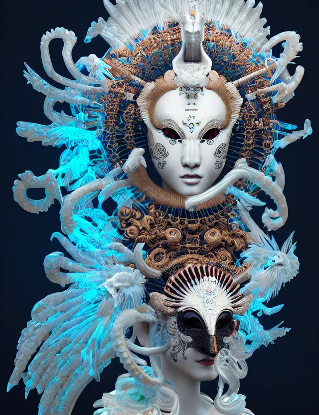 Image similar to 3 d goddess close - up 3 / 4 portrait with ram skull. beautiful intricately detailed japanese crow kitsune mask and clasical japanese kimono. betta fish, jellyfish phoenix, bio luminescent, plasma, ice, water, wind, creature, artwork by tooth wu and wlop and beeple and greg rutkowski