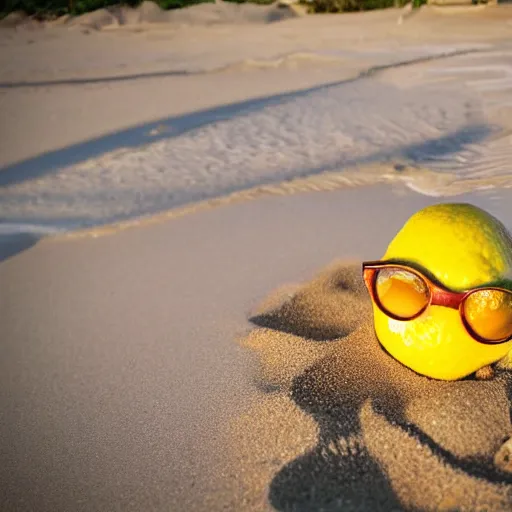 Prompt: an amazing award winning photo of a lemon with sunglasses on the beach sitting and smiling, beautiful beach resort, masterpiece, very detailed