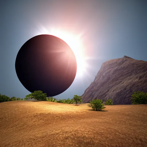 Image similar to solar eclipse above mountins, highly detailed, photorealistic portrait, bright studio setting, studio lighting, crisp quality and light reflections, unreal engine 5 quality render