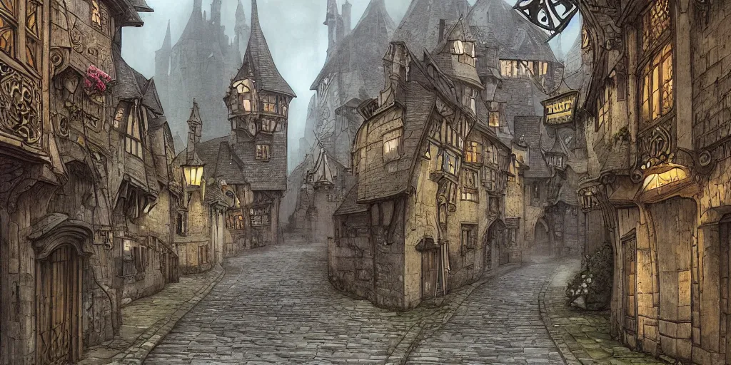 a medieval dickensian village, tudor, art nouveau, | Stable Diffusion ...