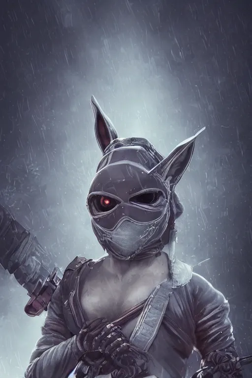 Image similar to ultra realist and ultra intricate detailed soft painting close up view of a cute rabbit ninja dual weld glowing katanas, symmetry features, sensual gloomy style, volumetric clouds, cyberpunk background, artstation, unreal render, depth of field