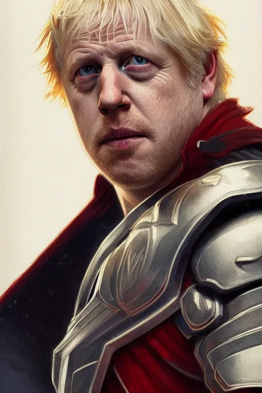 Prompt: Boris Johnson as Thor, realistic portrait, symmetrical, highly detailed, digital painting, artstation, concept art, smooth, sharp focus, illustration, cinematic lighting, art by artgerm and greg rutkowski and alphonse mucha