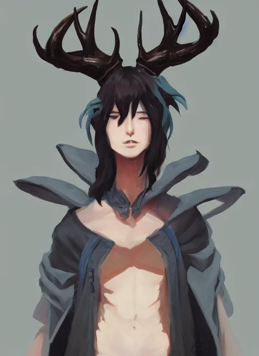 Image similar to concept art painting of an androgynous person with brown skin and short white hair, demon horns, deer ears, full clothing, black clothes, blue robes, detailed, cel shaded, in the style of ruan jia and artgerm and makoto shinkai and james gurney