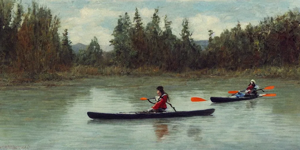 Prompt: a woman paddling a kayak on a small calm river, in the style of fanny brate