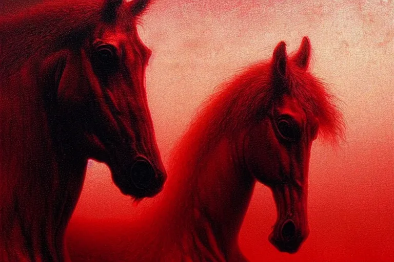 Image similar to a white cyberpunk horses with human heads, in the style of beksinski, intricate and epic composition, red by caravaggio, insanely quality, highly detailed, masterpiece, red light, artstation, 4 k