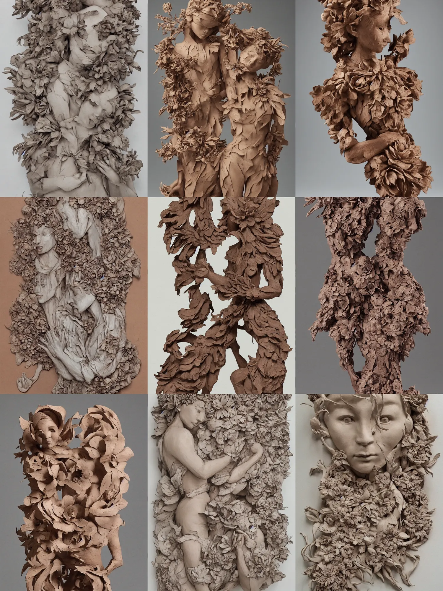 Prompt: wooden craft. rough clay. richly detailed color illustration. flowers. contemporary sculpture. female figure. low details. beth cavener. valerie hadida.
