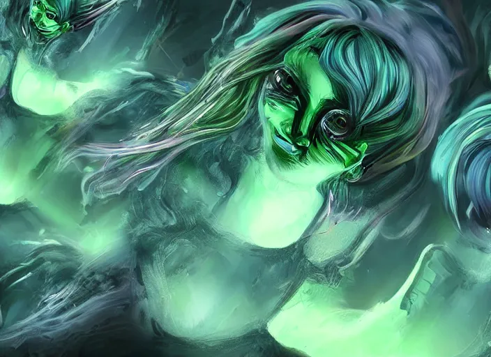 Image similar to beautiful aliens faces with green hair, 8 k, matte painting, in the style of artist, ann stokes