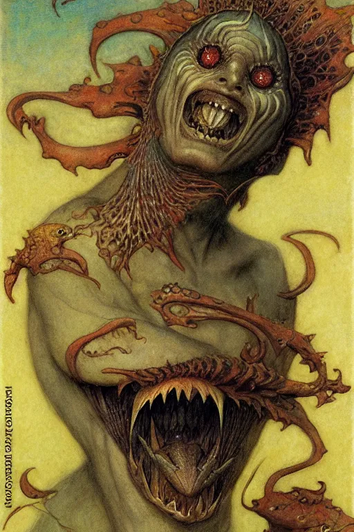 Image similar to a happy fish in the style of and by wayne barlowe, gustav moreau, goward,  Gaston Bussiere and roberto ferri, santiago caruso, and austin osman spare