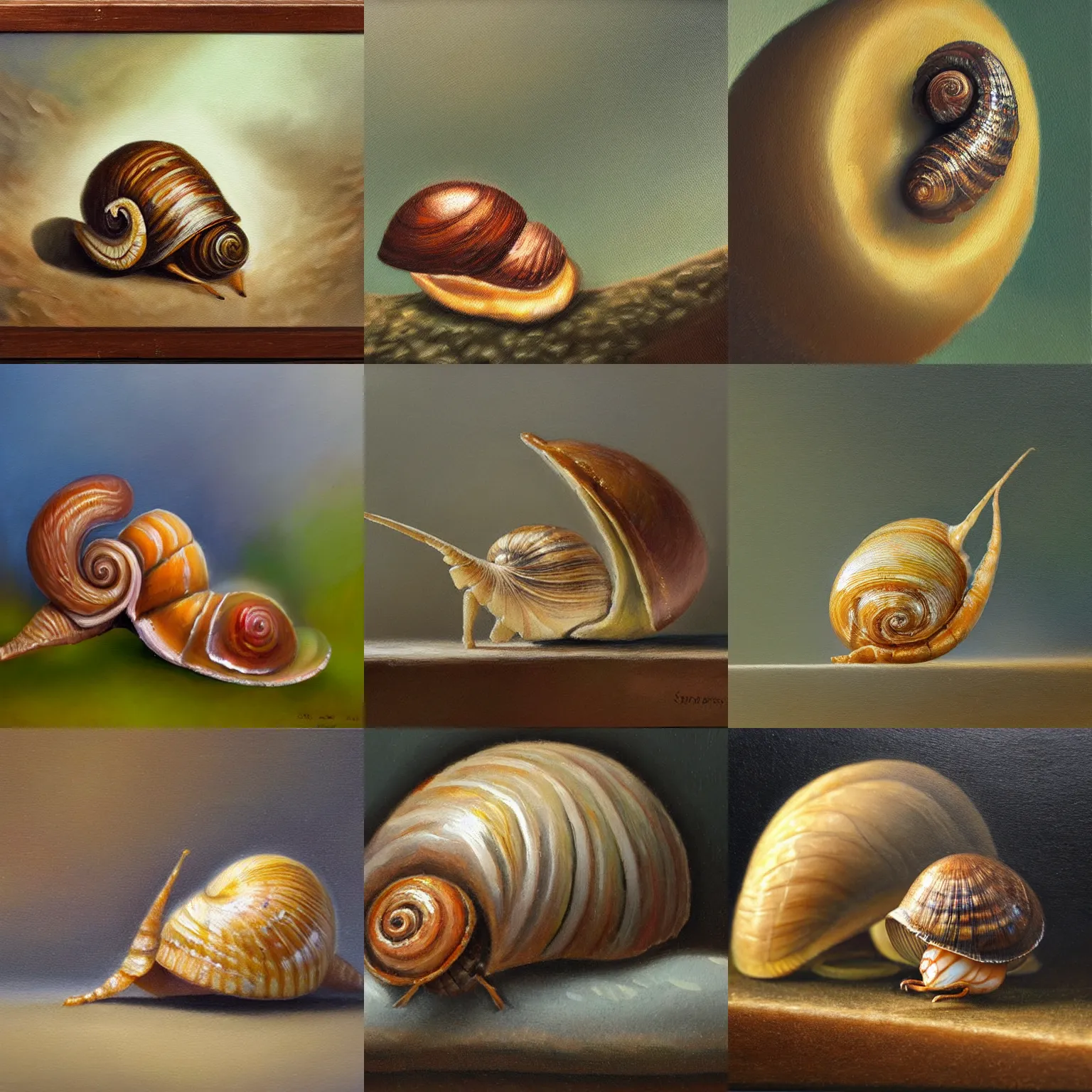 Prompt: highly detailed, artstation, oleo, sharp focus, an oil painting of a snail with a small house as a shell