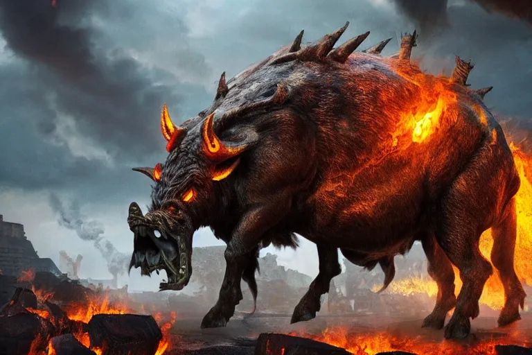 Image similar to immense, colossal demon boar. brutal. with bulging muscles. wearing a silver mesh necklace filled with amber. rampaging across the burning ruins of an ancient city.