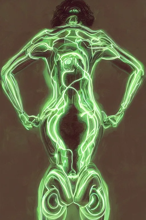 Prompt: full body shot green radio head man back view synth wave, blank lighting ultra realistic photorealistic highly detailed high quality, a stunningly, digital painting, artstation, concept art, smooth, sharp focus, illustration, art by artgerm and greg rutkowski and alphonse mucha 8 k