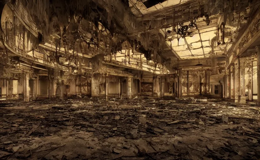 Prompt: a dark dramatic photo of an abandoned casino in new vegas by lori nix
