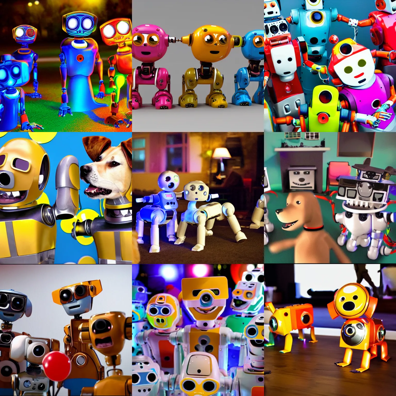 Prompt: happy dog robots at a party, 3 d film