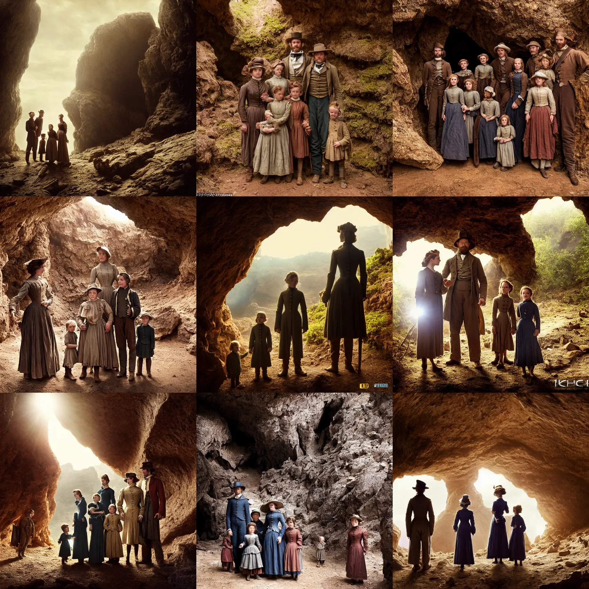 Prompt: sharp, highly detailed, film from a blockbuster sci fi 4 k color movie, set in 1 8 6 0, family standing outside a cave on a strange alien planet, looking happy, wearing 1 8 5 0 s era clothes, atmospheric lighting, in focus, reflective eyes, 3 5 mm macro lens, live action, nice composition, good photography
