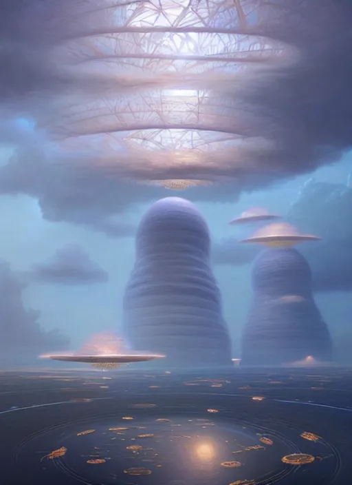 Prompt: a hyper - detailed 3 d render of venusian cloud farms, surrealism!!!!! surreal concept art, lifelike, photorealistic, digital painting, aesthetic, smooth, sharp focus, artstation hd, by greg rutkowski, bruce pennington, valentina remenar and asher duran,