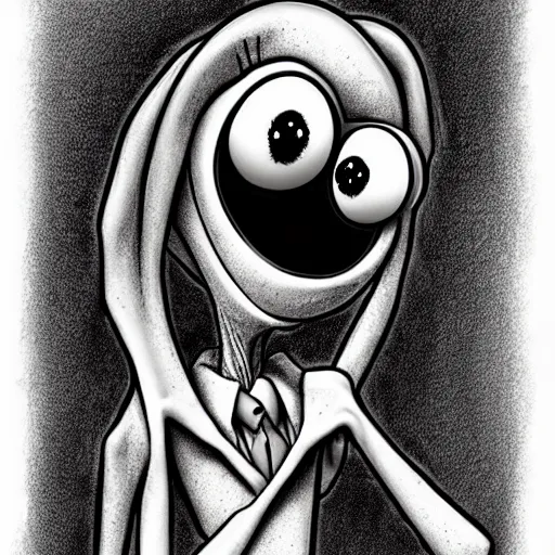 Image similar to michael karcz grunge cartoon drawing of kermit the frog. , in the style of corpse bride, loony toons style, horror themed, detailed, elegant, intricate