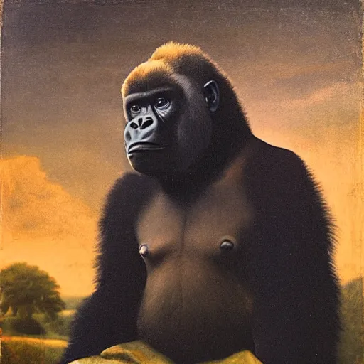 Prompt: smiling silverback gorilla in a land made of clouds by vermeer, golden hour