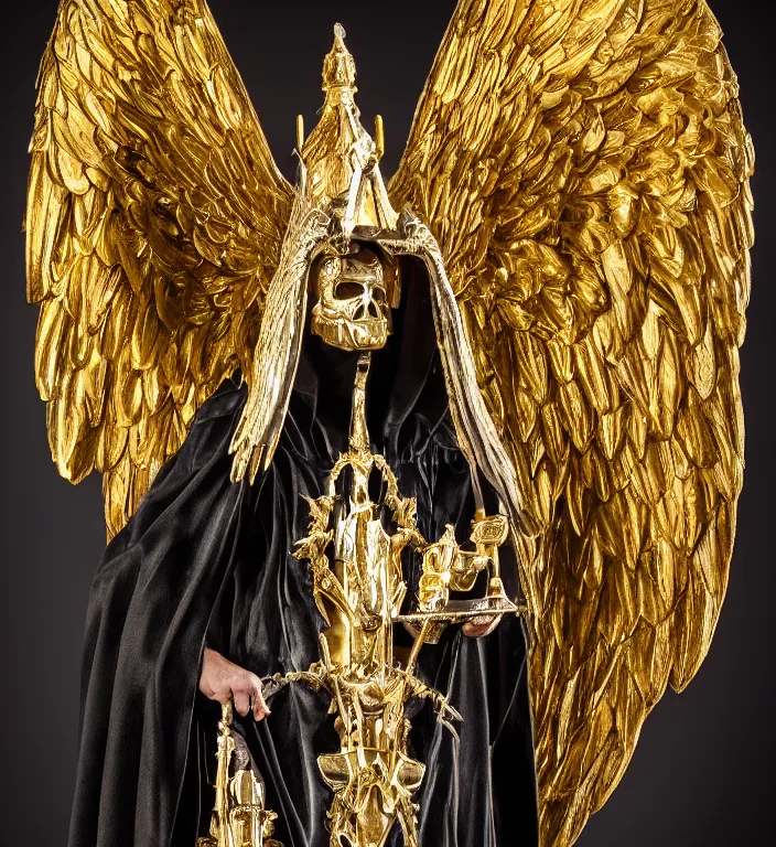 Image similar to full length picture of the angel of death wearing black robe with gold wings in an elaborate cathedral, octane, 8k, ultra detailed, photorealistic + sigma 105mm f2.8 macro