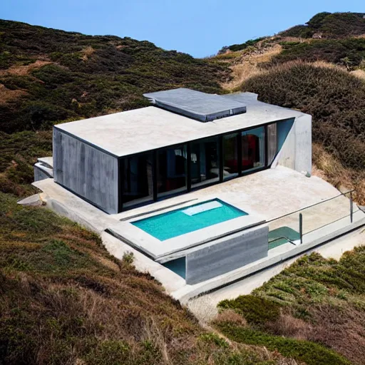 Image similar to a modern concrete house on the bluffs overlooking the ocean in big sur california