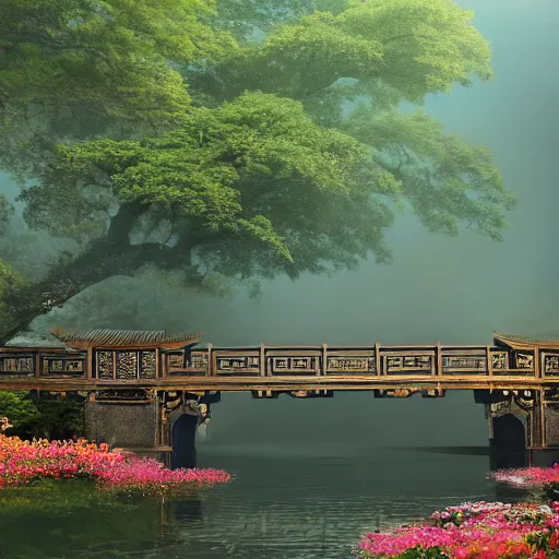 Prompt: matte painting of an old oriental bridge decorated with flowers alongside above a small river stream next to a large chinese temple, realistic, 4 k, artstation, dreamy, fog, volumetric lighting