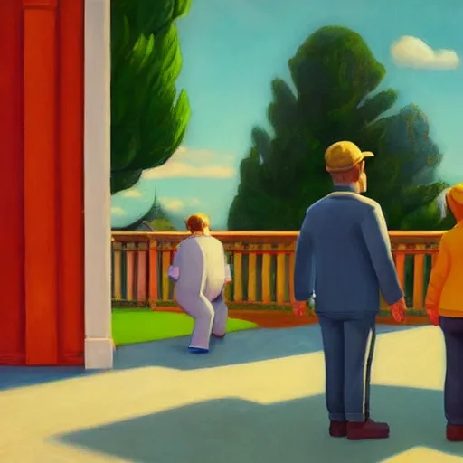 Prompt: a fine art painting of the ingame avatars from planet coaster with a coaster in view in the style of edward hopper and wes anderson.