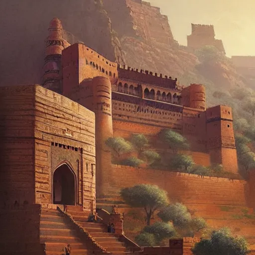 Image similar to painting of Mehrangarh Fort, art by artgerm and greg rutkowski and magali villeneuve