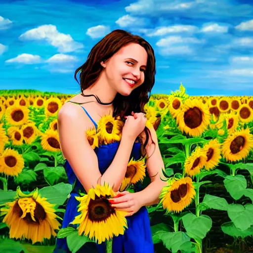 Image similar to Portrait, Illustration of a Ukrainian girl Smiling at the camera, Beautiful pretty young, flowers in her dark hair, Scene: Sunflower field, Colors: Yellow sunflowers, blue cloudy sky, In a style of Miniature World