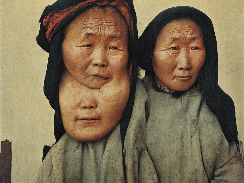 Image similar to portrait of a sad Mongolian street woman. Painting by Jan van Eyck, August Sander.