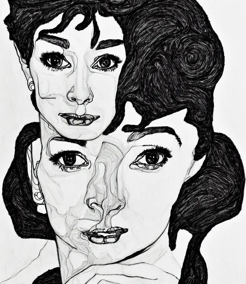 Image similar to detailed line art portrait of audrey hepburn, inspired by egon schiele. contour lines, musicality, twirls, curls, curves, confident personality