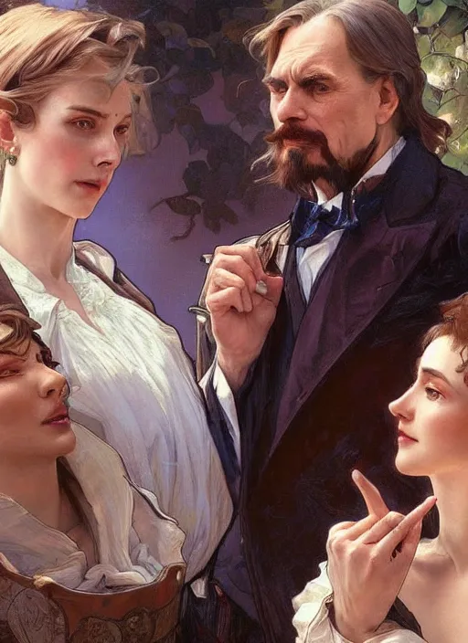 Prompt: an elegant couple, a man and a woman, having an argument. they are angry, pointing at each other. close up on beautiful highly detailed faces. painting by artgerm and greg rutkowski and alphonse mucha