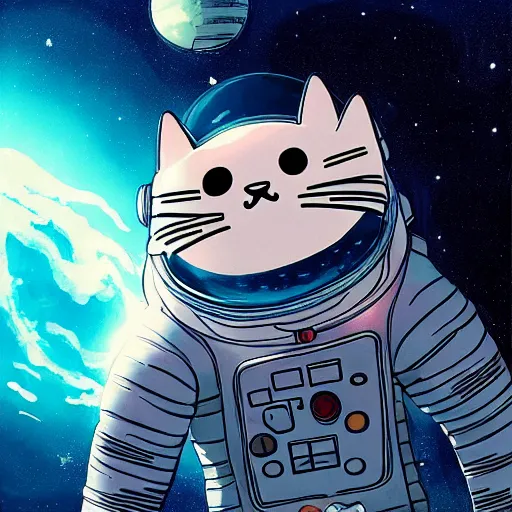 Image similar to portrait of an astronaut pusheen the cat, on a planet, ufo, spaceship, concept art by makoto shinkai, dan mumford, digital art, highly detailed, intricate, sci - fi, sharp focus, trending on artstation hq, deviantart, unreal engine