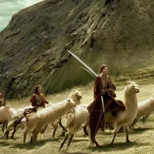 Image similar to still from lord of the rings showing the ride of the rohirrim, riding toward minas tirith on alpacas