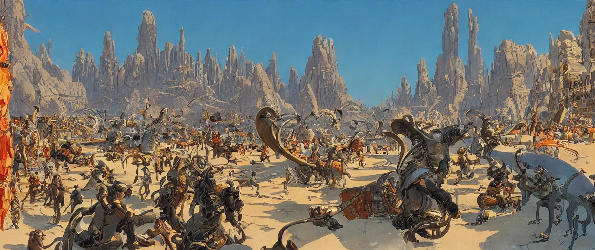 Image similar to A beautiful illustration of an ancient ocean city of anthropomorphic Feline warriors by Robert McCall and Ralph McQuarrie | sparth:.2 | Time white:.2 | Graphic Novel, Visual Novel, Colored Pencil, Comic Book:.3 | unreal engine:.5 | establishing shot