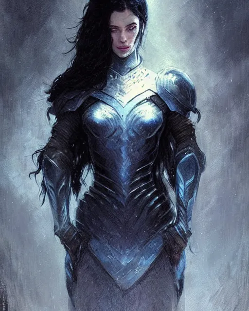 Image similar to a beautiful woman dark hair in an armor with dark eyes, elegant, dark blue, ethereal horror fantasy art by greg rutkowski and magali villeneuve and claude monet