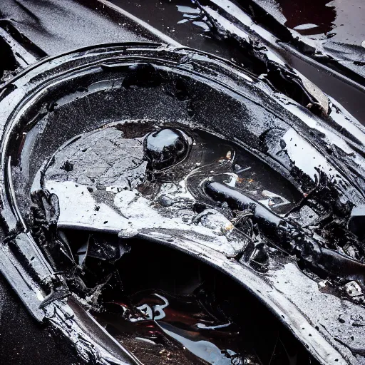 Image similar to mysterious black slime, black gooey liquid leaking out of crashed cargo ship, apocalyptic, ruined, 8 5 mm f / 1. 4